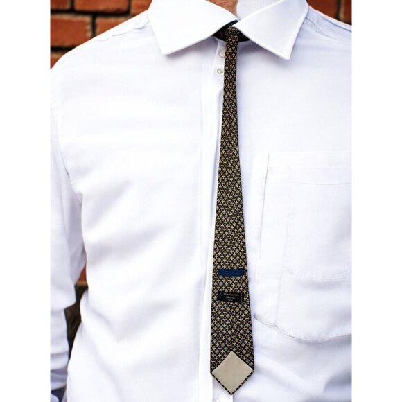 Maria - Thereza Mimoso Geometric Pattern 100% Silk Tie Navy Blue and Gold Made I - Picture 3 of 7